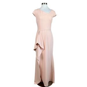 Betsy & Adam Ruffled Thigh Slit Long Evening Gown Blush Pink Size 6 Formal Dress